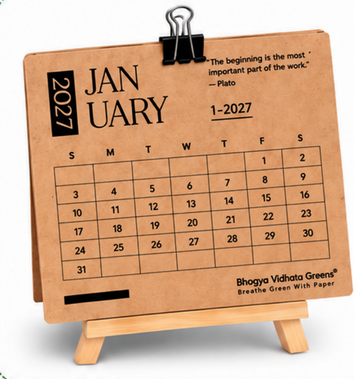 Bhagya Vidhata Greens 2027 kraft desktop calendar January view